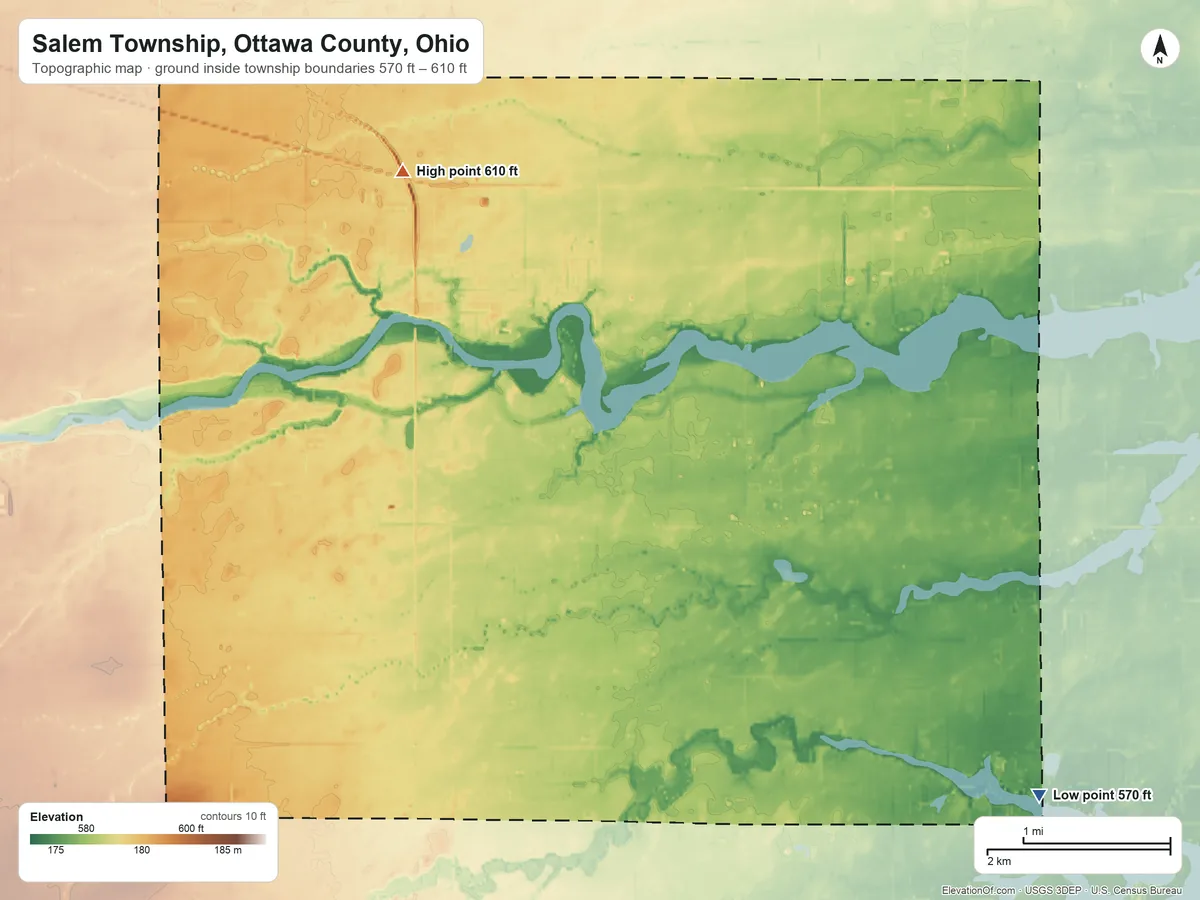 Topographic elevation map of Salem Township, Ottawa County, Ohio, shaded from 570 ft on the southeast side to 610 ft on the northwest side