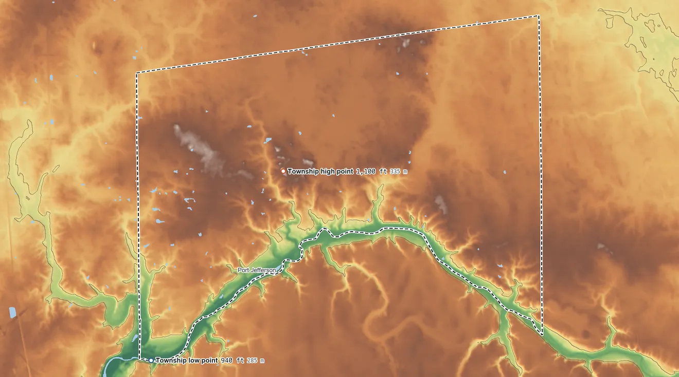 Topographic elevation map of Salem Township, Shelby County, Ohio, shaded from 940 ft on the southwest side to 1,100 ft near the middle