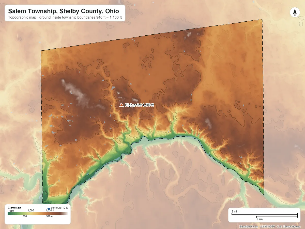 Topographic elevation map of Salem Township, Shelby County, Ohio, shaded from 940 ft on the southwest side to 1,100 ft near the middle