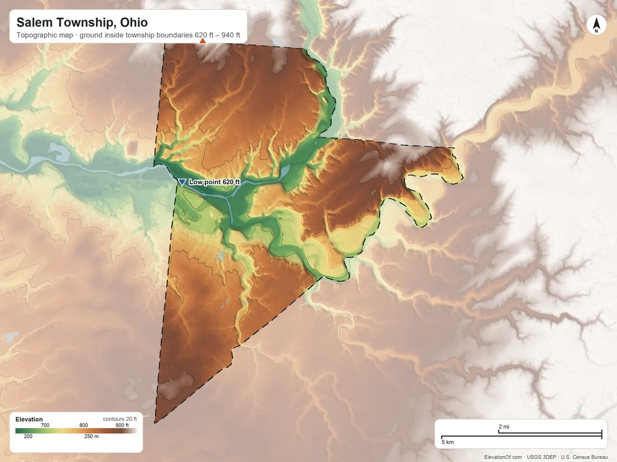 Topographic elevation map of Salem Township, Ohio, shaded from 620 ft on the northwest side to 940 ft on the north side