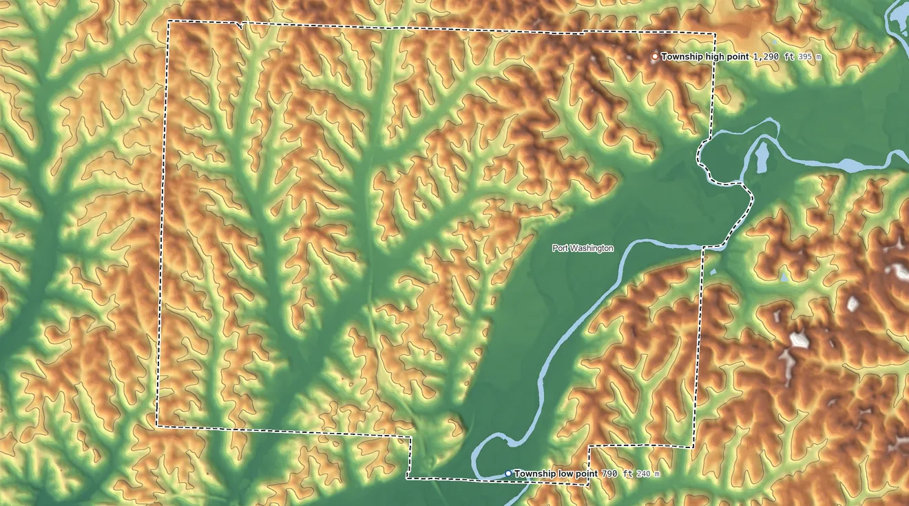 Topographic elevation map of Salem Township, Tuscarawas County, Ohio, shaded from 790 ft on the south side to 1,290 ft on the northeast side