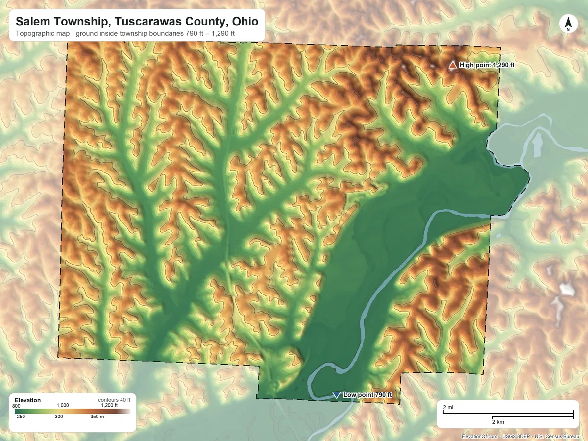 Topographic elevation map of Salem Township, Tuscarawas County, Ohio, shaded from 790 ft on the south side to 1,290 ft on the northeast side