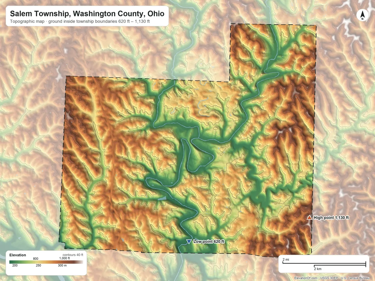 Topographic elevation map of Salem Township, Washington County, Ohio, shaded from 620 ft on the south side to 1,130 ft on the east side