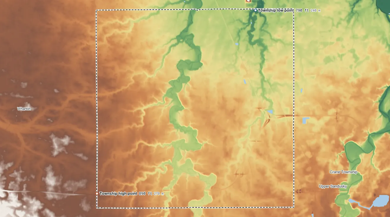 Topographic elevation map of Salem Township, Wyandot County, Ohio, shaded from 790 ft on the northeast side to 890 ft on the southwest side