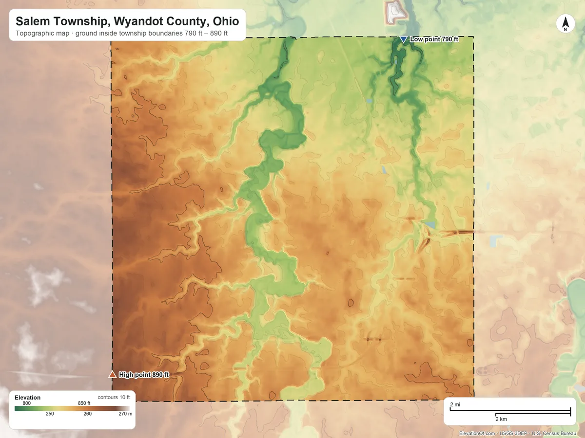 Topographic elevation map of Salem Township, Wyandot County, Ohio, shaded from 790 ft on the northeast side to 890 ft on the southwest side
