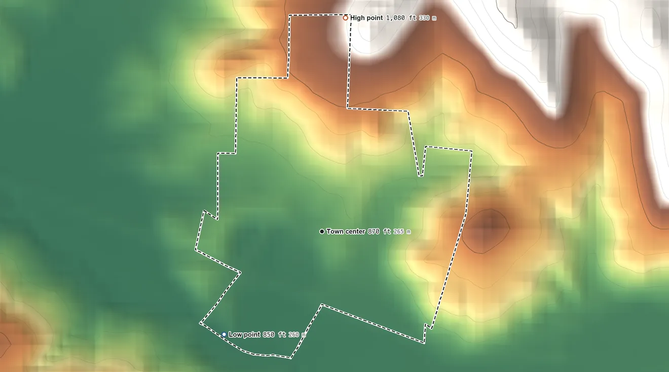 Topographic elevation map of Salesville, Ohio, shaded from 850 ft on the southwest side to 1,080 ft on the north side