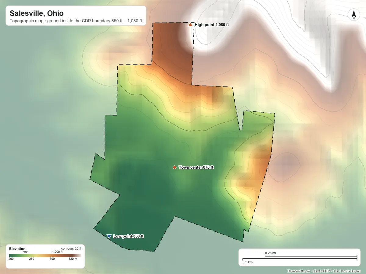 Topographic elevation map of Salesville, Ohio, shaded from 850 ft on the southwest side to 1,080 ft on the north side