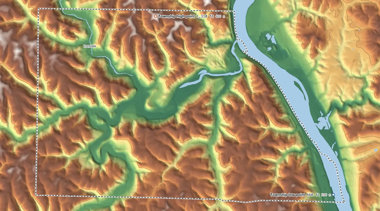 Topographic elevation map of Saline Township, Ohio, shaded from 660 ft on the southeast side to 1,310 ft on the north side