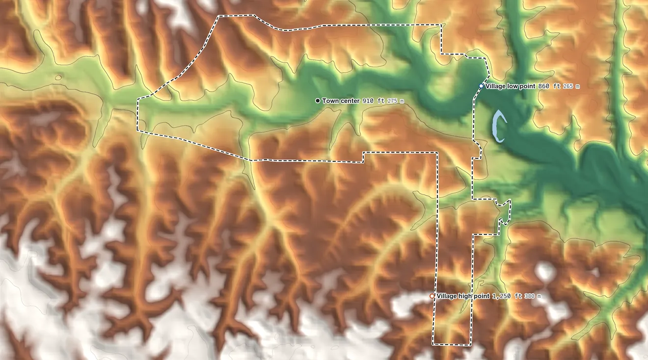 Topographic elevation map of Salineville, Ohio, shaded from 860 ft on the east side to 1,250 ft on the southeast side