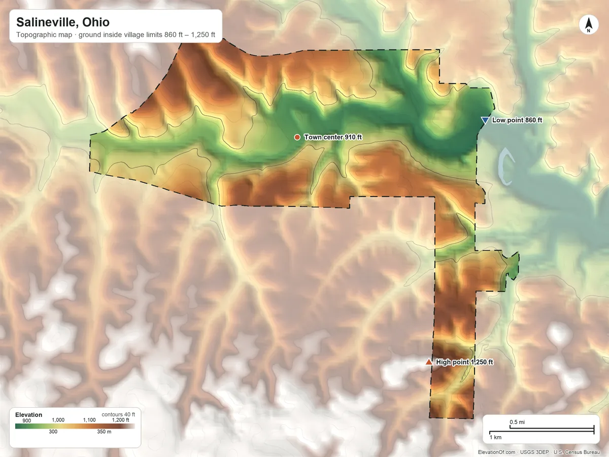 Topographic elevation map of Salineville, Ohio, shaded from 860 ft on the east side to 1,250 ft on the southeast side
