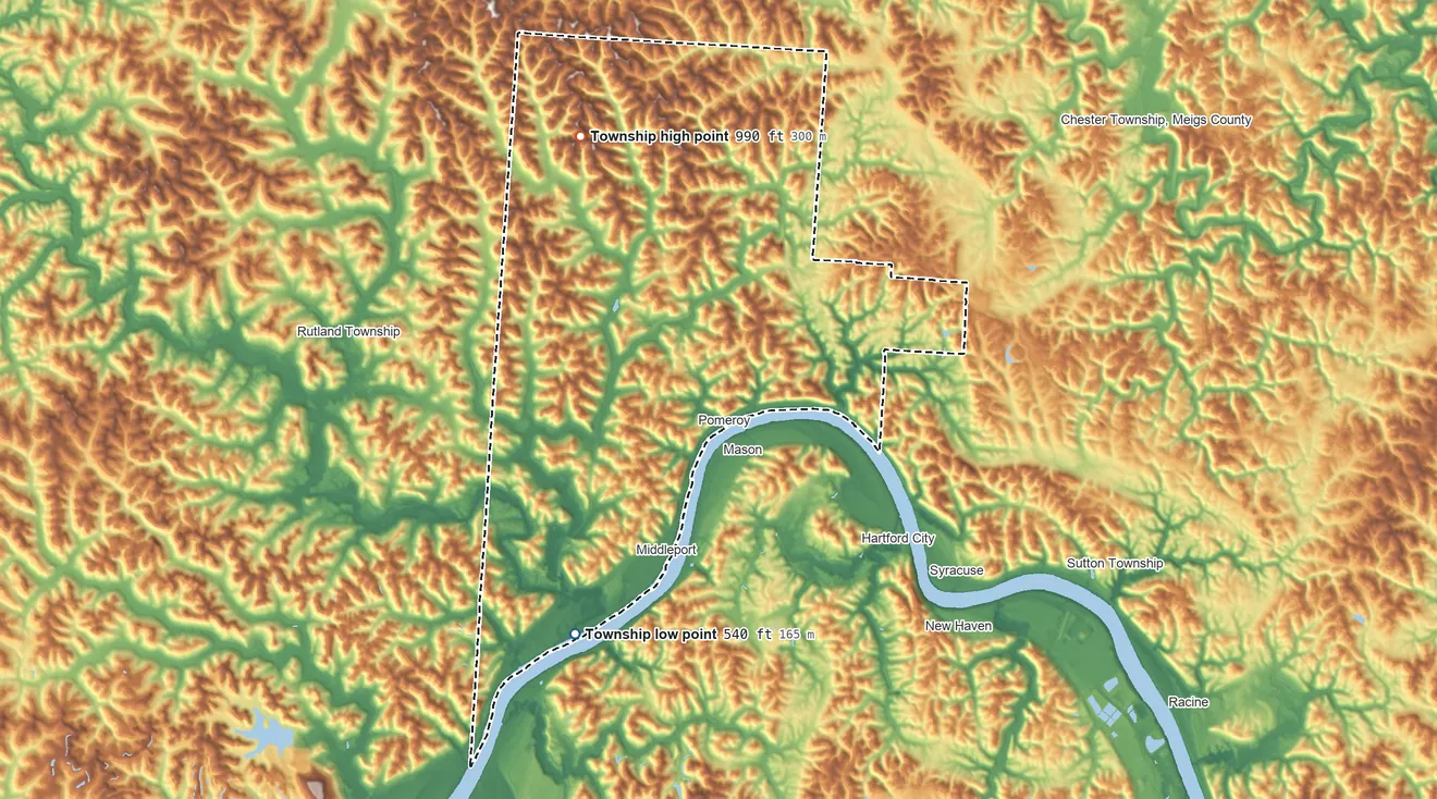 Topographic elevation map of Salisbury Township, Ohio, shaded from 540 ft on the southwest side to 990 ft on the north side
