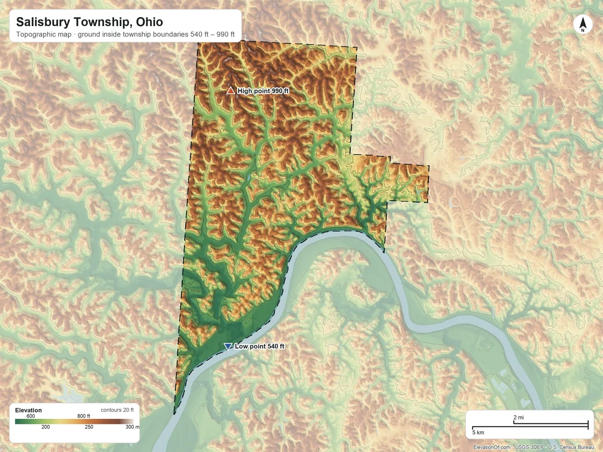 Topographic elevation map of Salisbury Township, Ohio, shaded from 540 ft on the southwest side to 990 ft on the north side