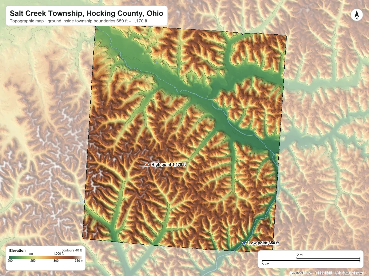 Topographic elevation map of Salt Creek Township, Hocking County, Ohio, shaded from 650 ft on the southeast side to 1,170 ft on the south side