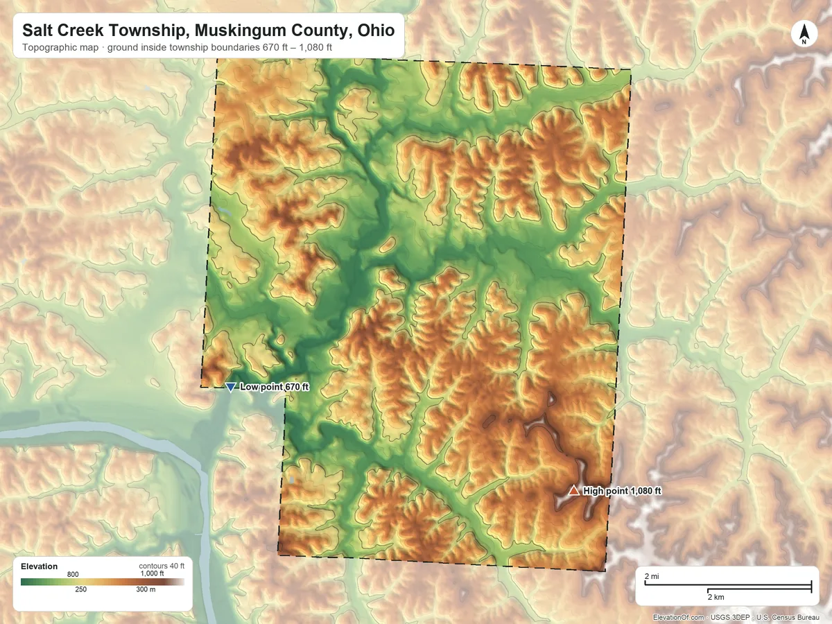 Topographic elevation map of Salt Creek Township, Muskingum County, Ohio, shaded from 670 ft on the southwest side to 1,080 ft on the southeast side