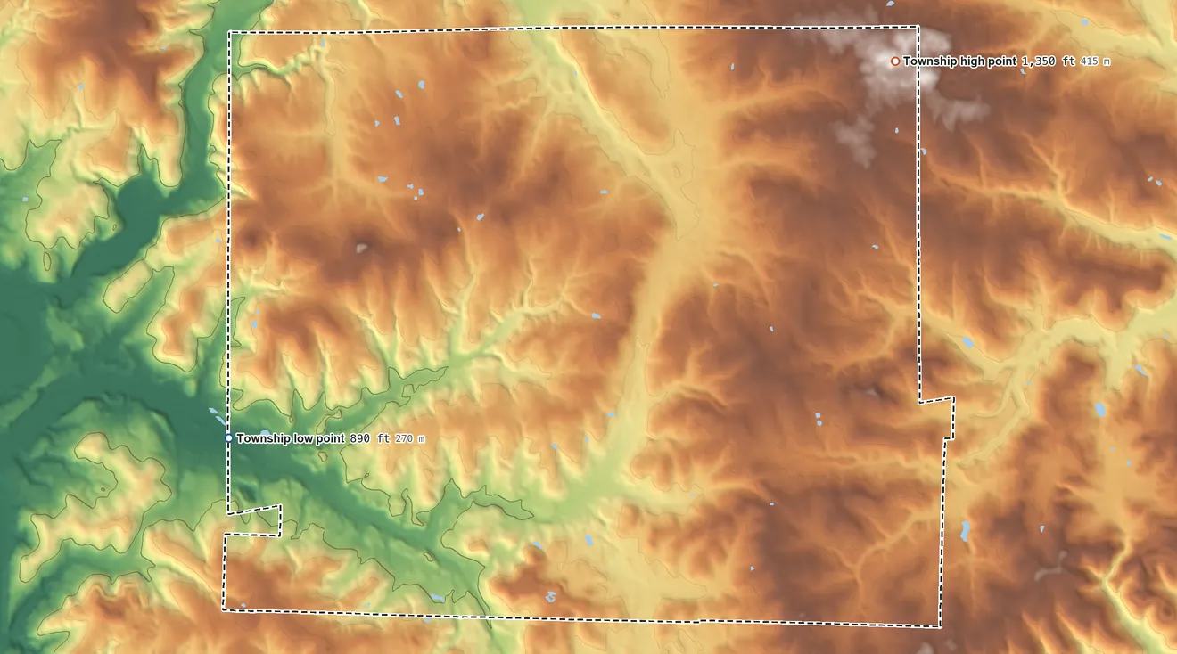 Topographic elevation map of Salt Creek Township, Ohio, shaded from 890 ft on the west side to 1,350 ft on the northeast side