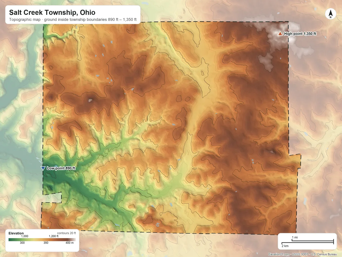 Topographic elevation map of Salt Creek Township, Ohio, shaded from 890 ft on the west side to 1,350 ft on the northeast side