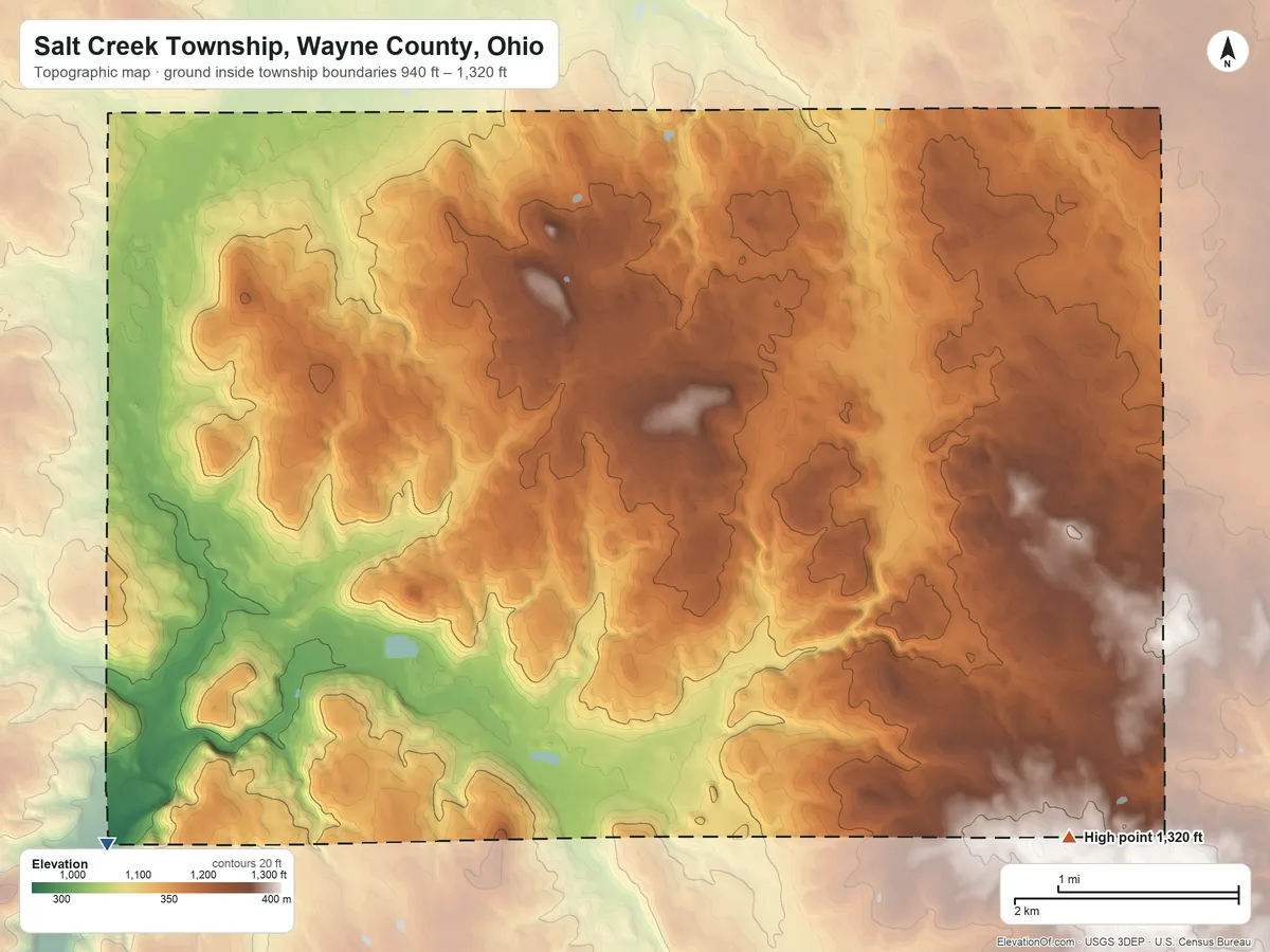 Topographic elevation map of Salt Creek Township, Wayne County, Ohio, shaded from 940 ft on the southwest side to 1,320 ft on the southeast side
