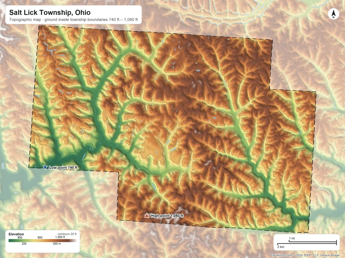 Topographic elevation map of Salt Lick Township, Ohio, shaded from 740 ft on the west side to 1,080 ft on the southwest side
