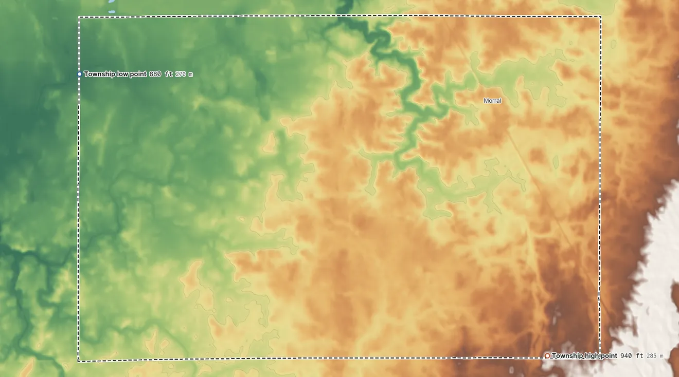 Topographic elevation map of Salt Rock Township, Ohio, shaded from 880 ft on the west side to 940 ft on the southeast side