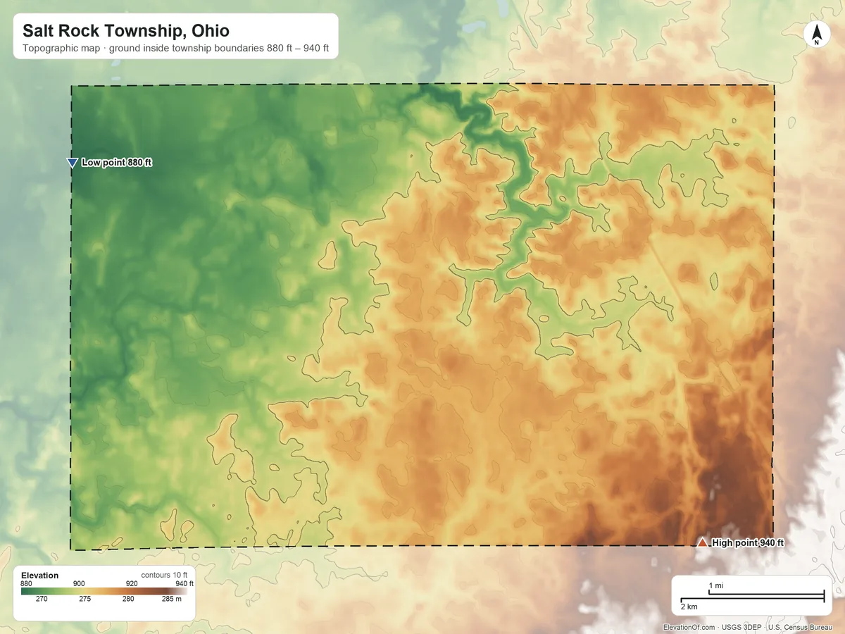 Topographic elevation map of Salt Rock Township, Ohio, shaded from 880 ft on the west side to 940 ft on the southeast side