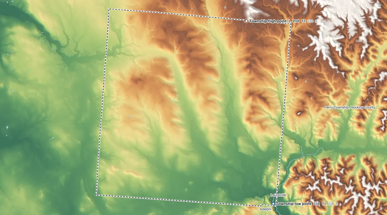 Topographic elevation map of Saltcreek Township, Ohio, shaded from 730 ft on the southeast side to 1,090 ft on the northeast side