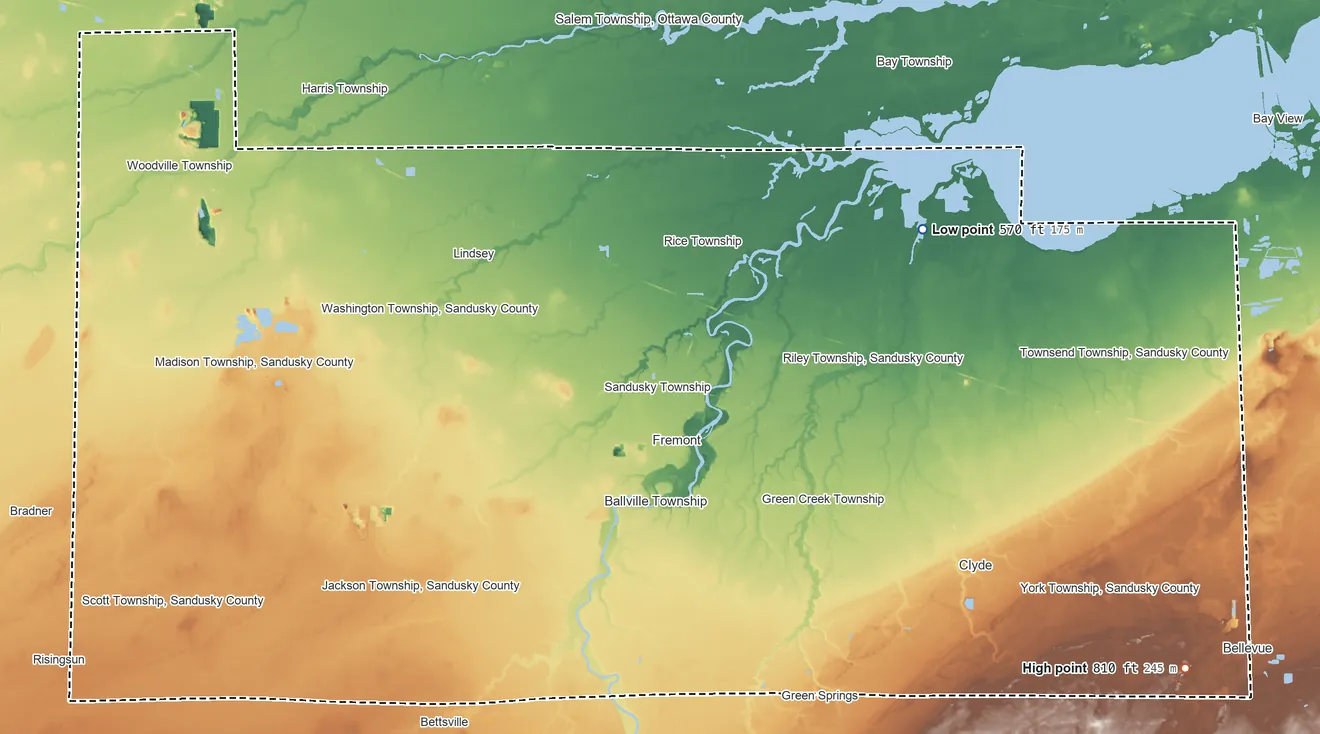 Topographic elevation map of Sandusky County, Ohio, shaded from 570 ft on the northeast side to 810 ft on the southeast side