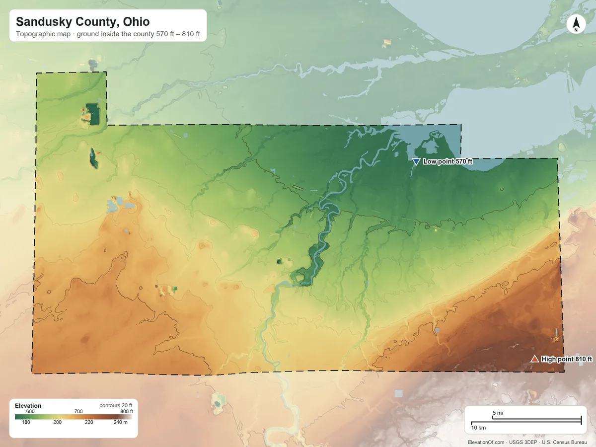 Topographic elevation map of Sandusky County, Ohio, shaded from 570 ft on the northeast side to 810 ft on the southeast side