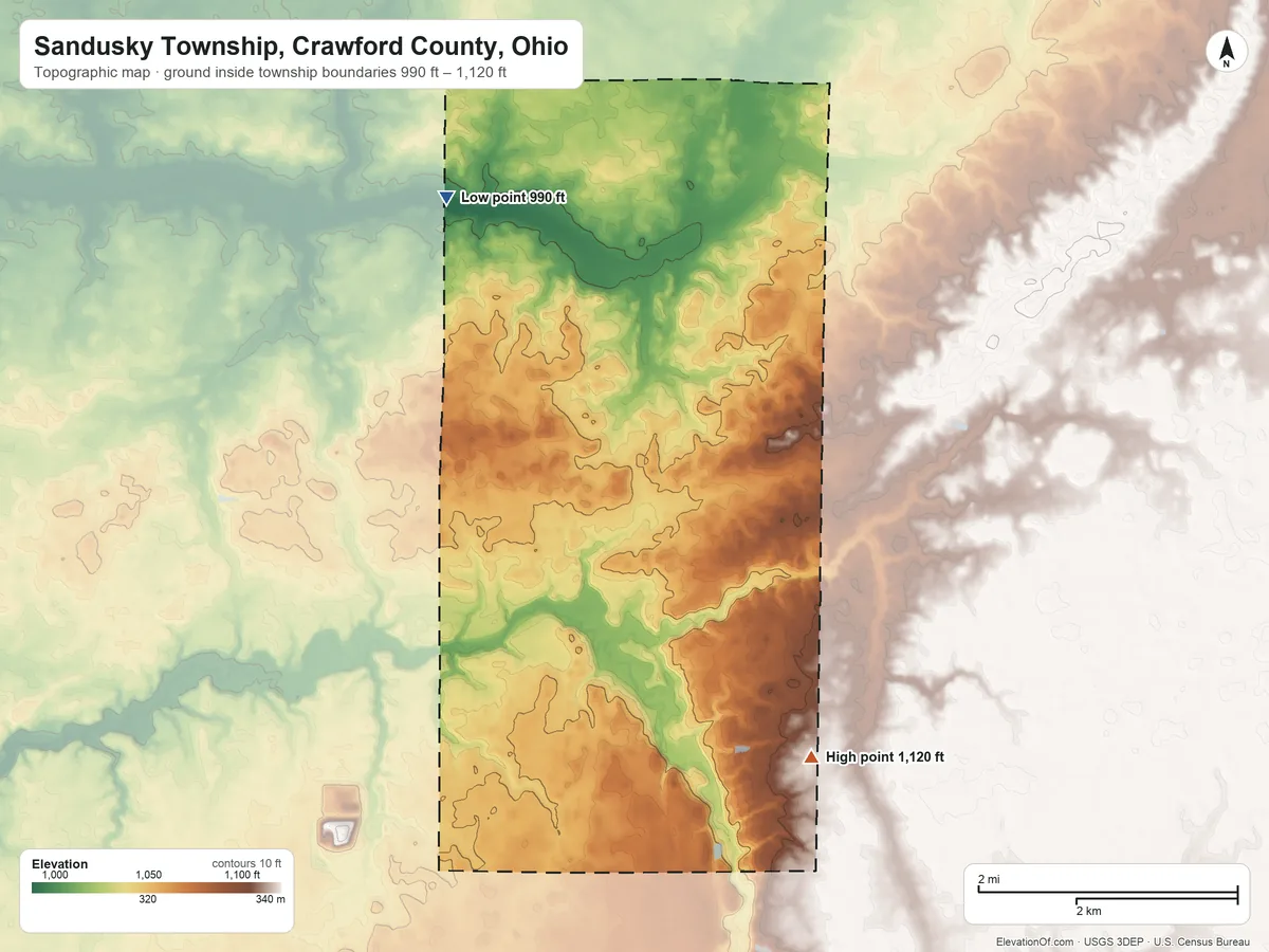 Topographic elevation map of Sandusky Township, Crawford County, Ohio, shaded from 990 ft on the northwest side to 1,120 ft on the southeast side