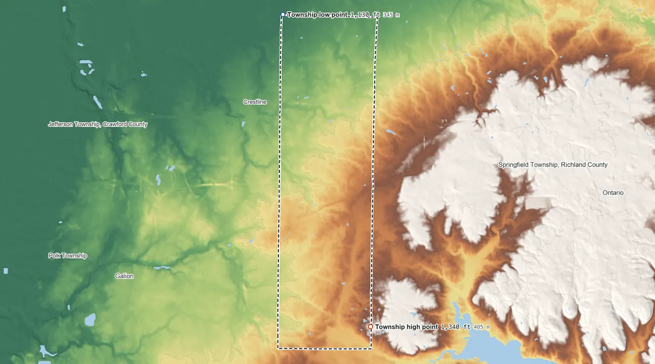 Topographic elevation map of Sandusky Township, Richland County, Ohio, shaded from 1,130 ft on the north side to 1,340 ft on the south side