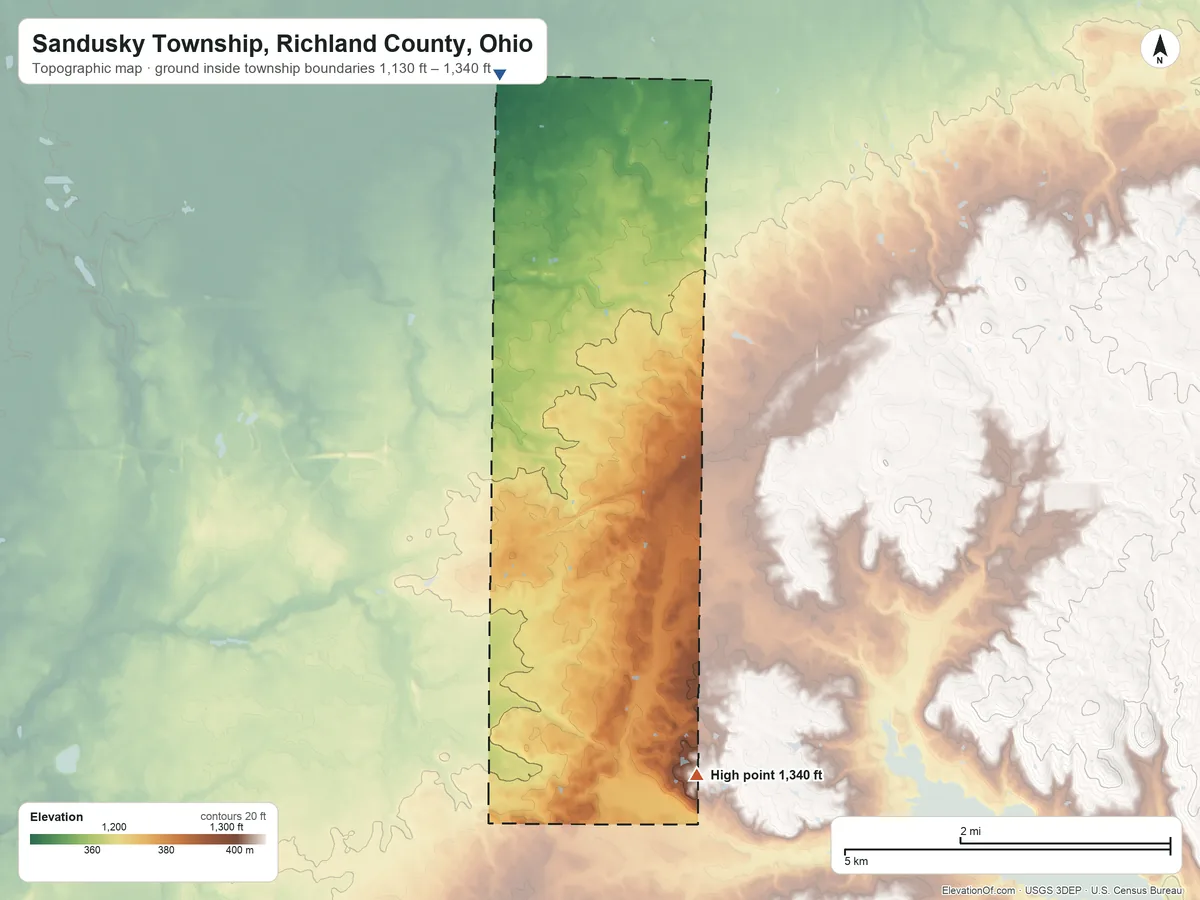 Topographic elevation map of Sandusky Township, Richland County, Ohio, shaded from 1,130 ft on the north side to 1,340 ft on the south side