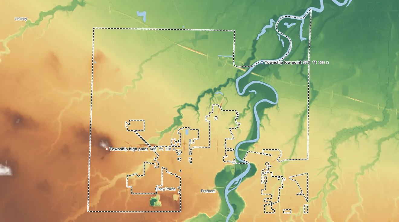 Topographic elevation map of Sandusky Township, Ohio, shaded from 570 ft on the northeast side to 680 ft on the west side