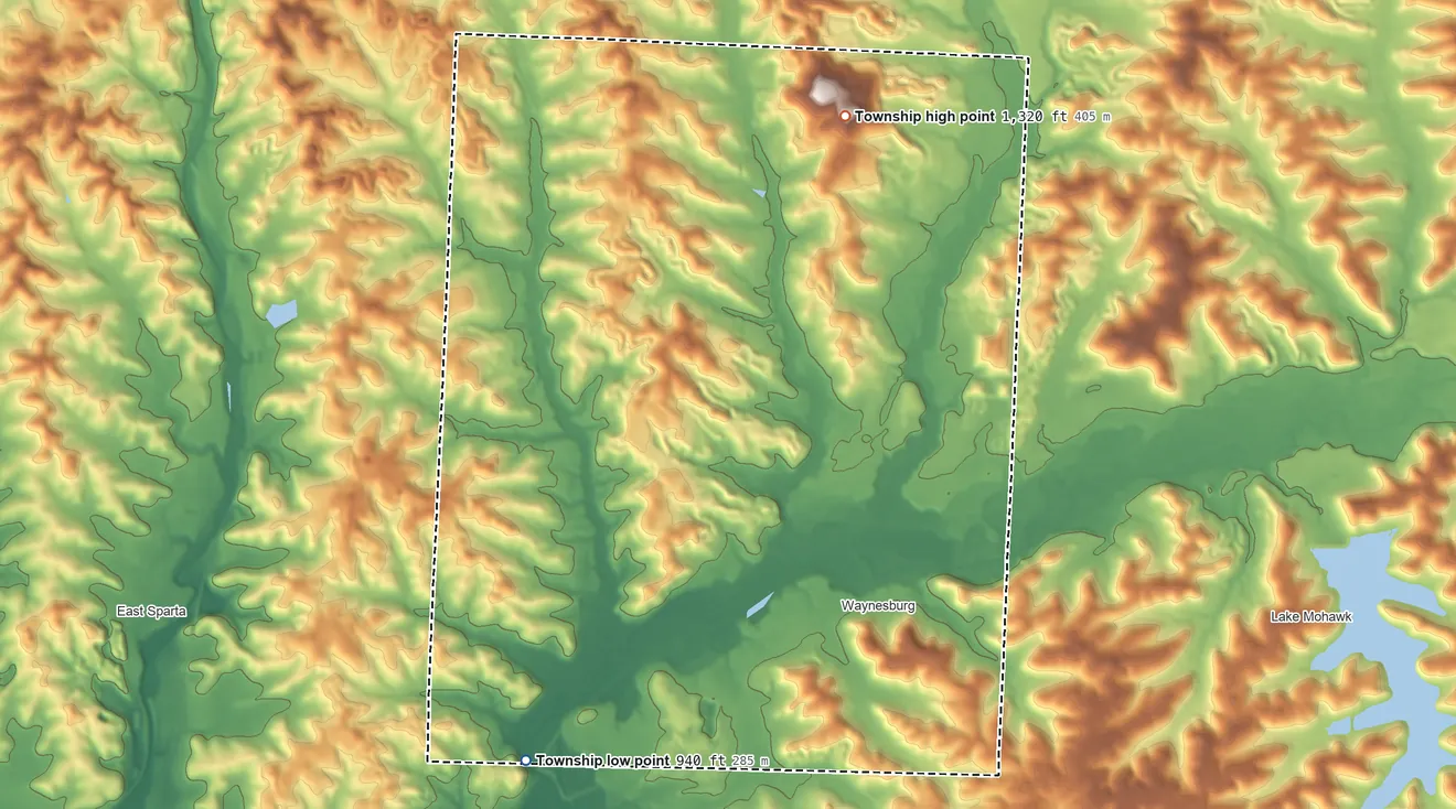Topographic elevation map of Sandy Township, Ohio, shaded from 940 ft on the southwest side to 1,320 ft on the north side