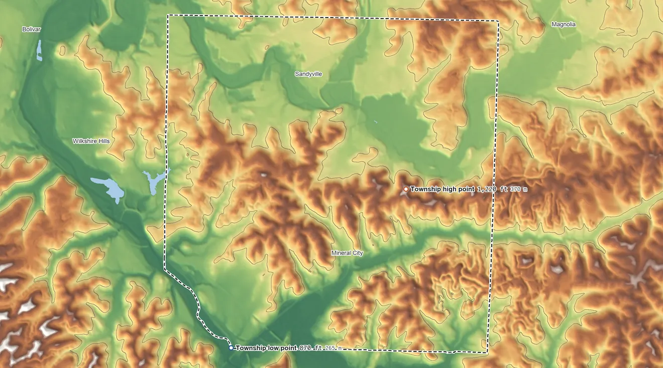 Topographic elevation map of Sandy Township, Tuscarawas County, Ohio, shaded from 870 ft on the southwest side to 1,220 ft on the east side