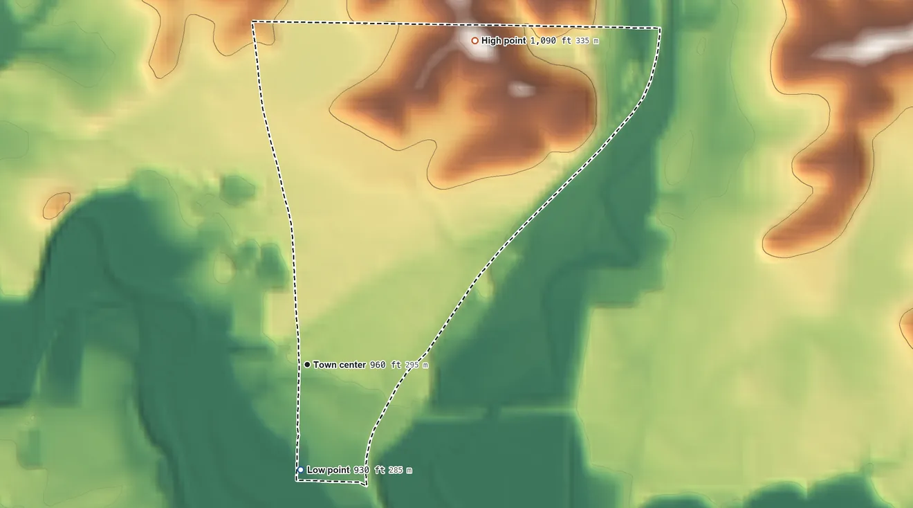 Topographic elevation map of Sandyville, Ohio, shaded from 930 ft on the south side to 1,090 ft on the northeast side