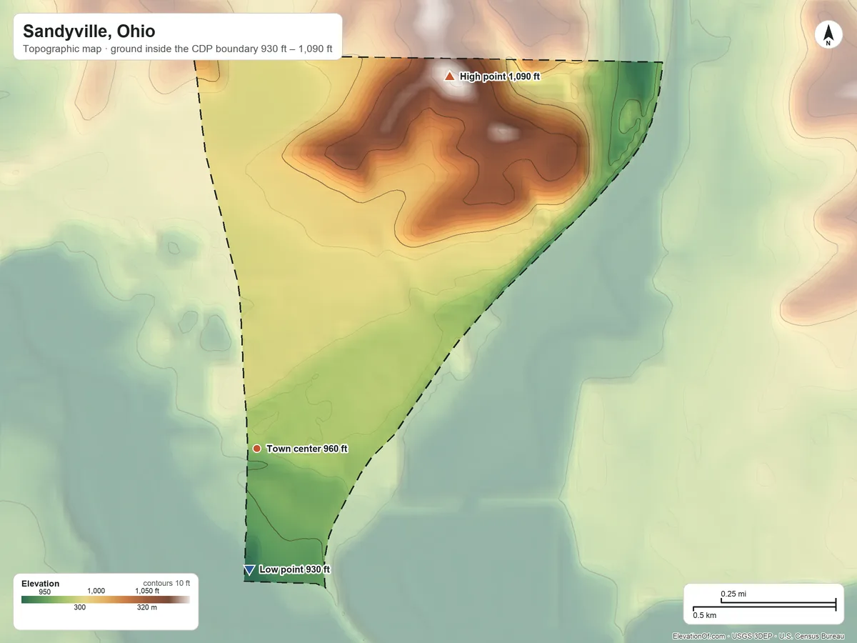 Topographic elevation map of Sandyville, Ohio, shaded from 930 ft on the south side to 1,090 ft on the northeast side