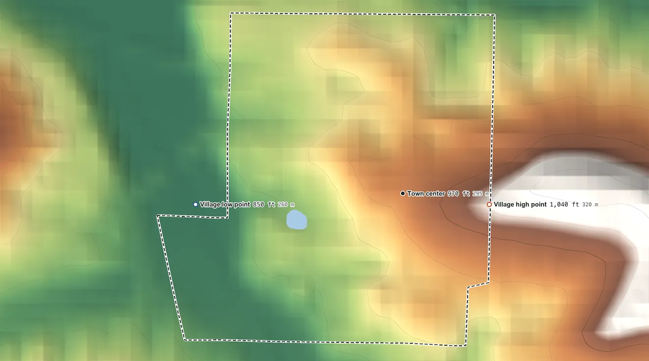Topographic elevation map of Sarahsville, Ohio, shaded from 850 ft on the west side to 1,040 ft on the east side