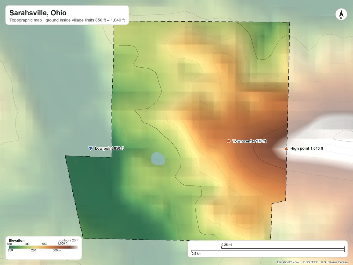 Topographic elevation map of Sarahsville, Ohio, shaded from 850 ft on the west side to 1,040 ft on the east side