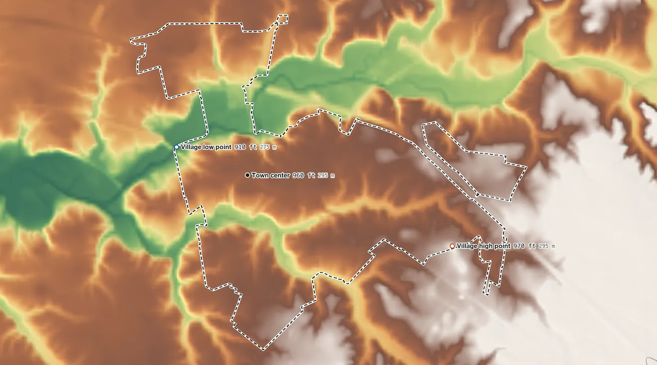 Topographic elevation map of Sardinia, Ohio, shaded from 910 ft on the west side to 970 ft on the east side