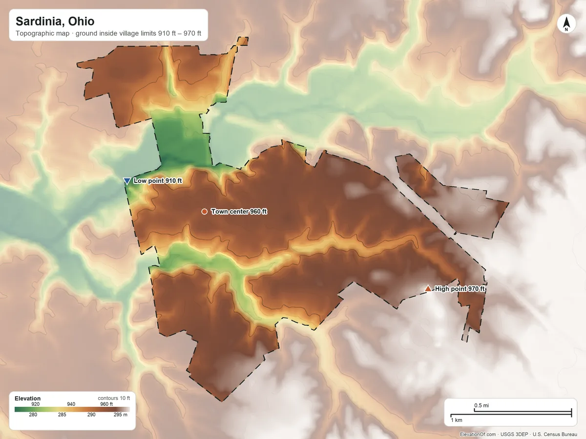 Topographic elevation map of Sardinia, Ohio, shaded from 910 ft on the west side to 970 ft on the east side