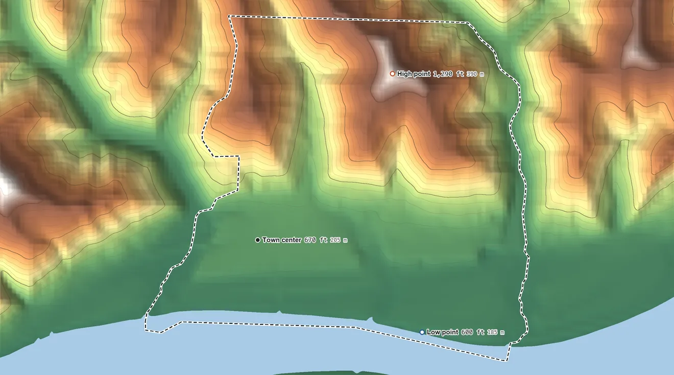 Topographic elevation map of Sardis, Ohio, shaded from 600 ft on the southeast side to 1,290 ft on the northeast side