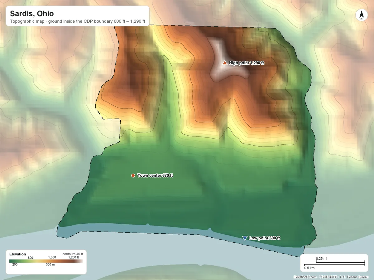 Topographic elevation map of Sardis, Ohio, shaded from 600 ft on the southeast side to 1,290 ft on the northeast side
