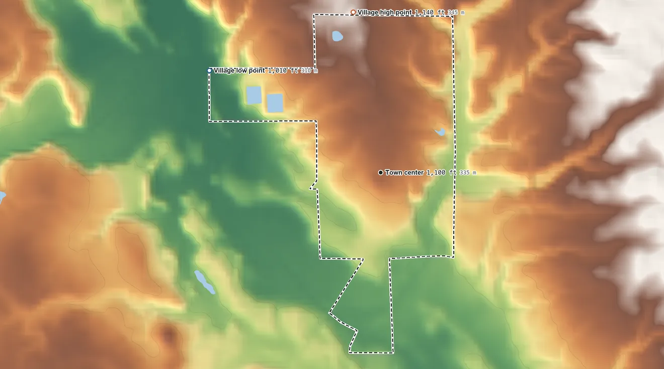 Topographic elevation map of Savannah, Ohio, shaded from 1,010 ft on the northwest side to 1,140 ft on the north side