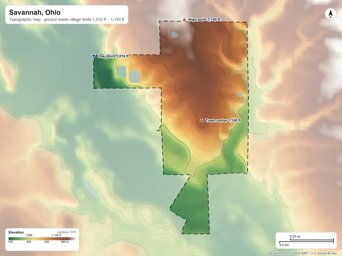 Topographic elevation map of Savannah, Ohio, shaded from 1,010 ft on the northwest side to 1,140 ft on the north side
