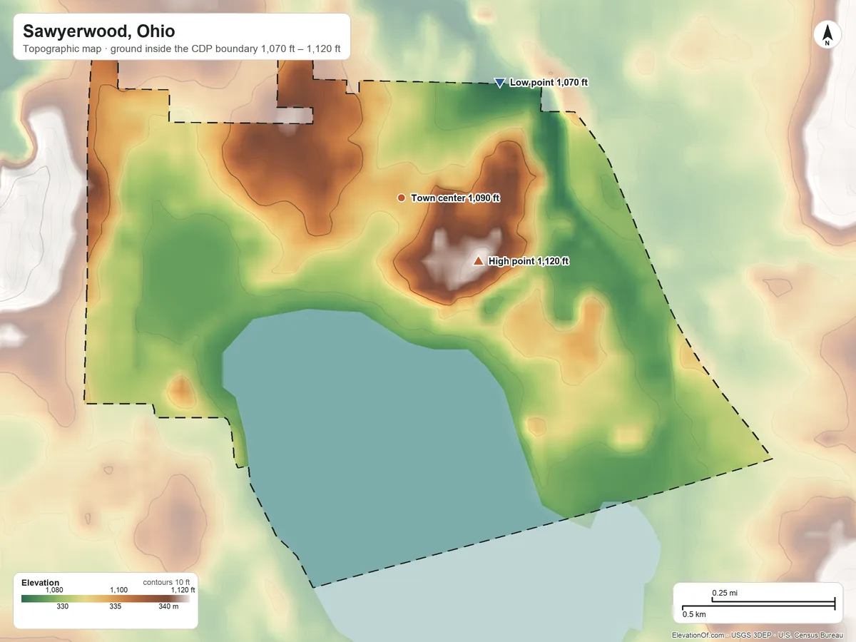 Topographic elevation map of Sawyerwood, Ohio, shaded from 1,070 ft on the northeast side to 1,120 ft on the southeast side