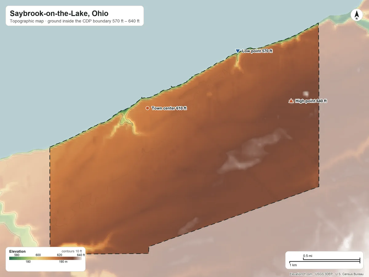 Topographic elevation map of Saybrook-on-the-Lake, Ohio, shaded from 570 ft on the northeast side to 640 ft on the east side