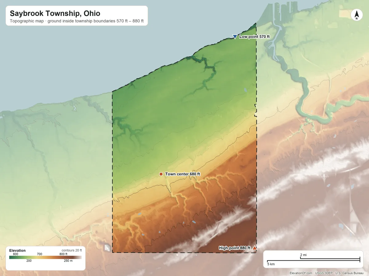 Topographic elevation map of Saybrook Township, Ohio, shaded from 570 ft on the northeast side to 880 ft on the southeast side