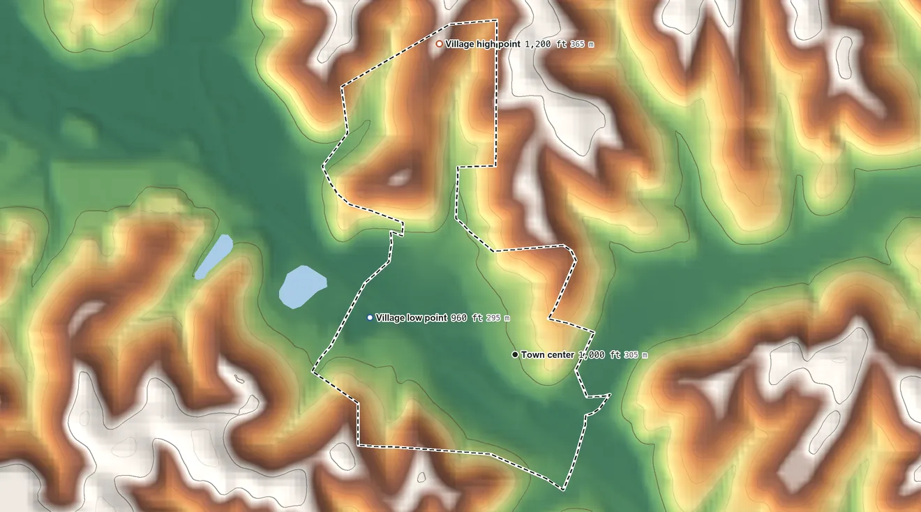 Topographic elevation map of Scio, Ohio, shaded from 960 ft on the west side to 1,200 ft on the north side