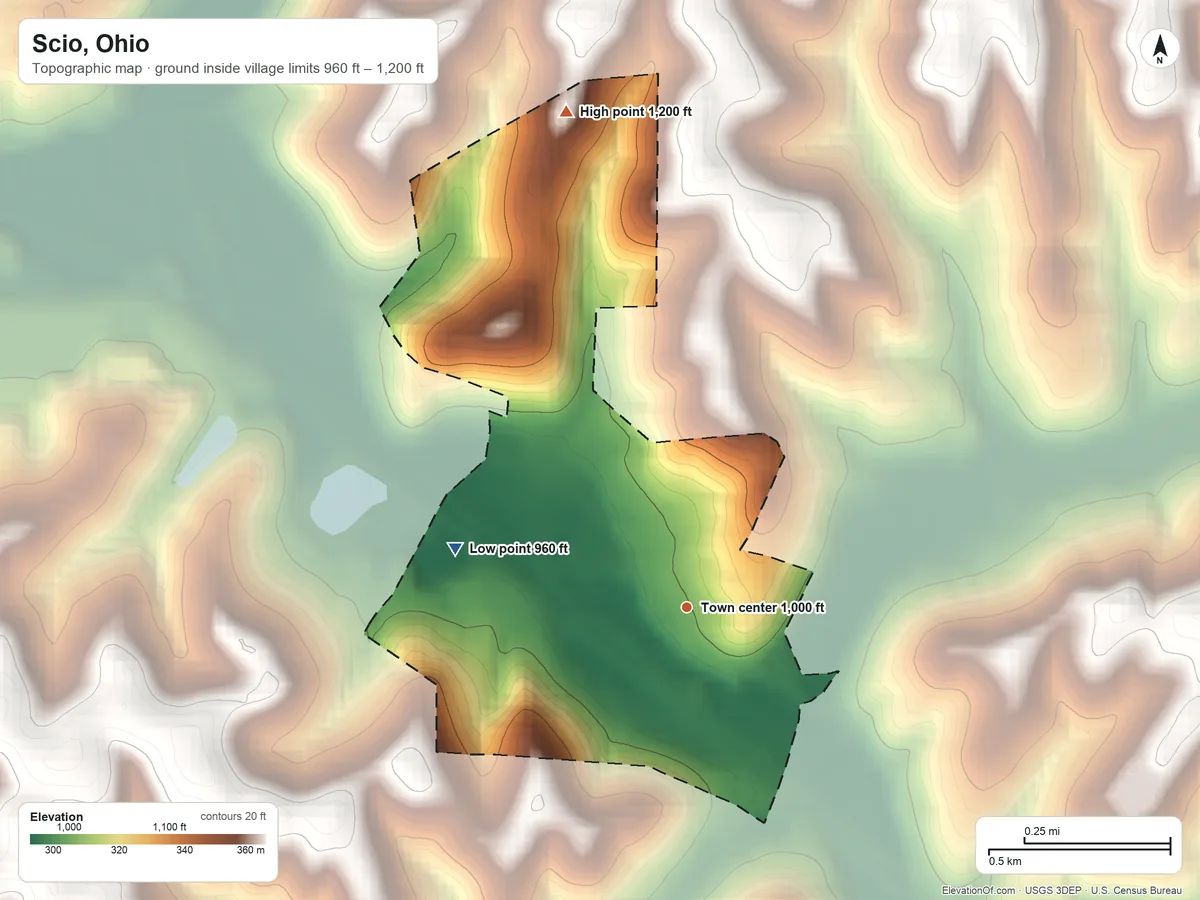 Topographic elevation map of Scio, Ohio, shaded from 960 ft on the west side to 1,200 ft on the north side