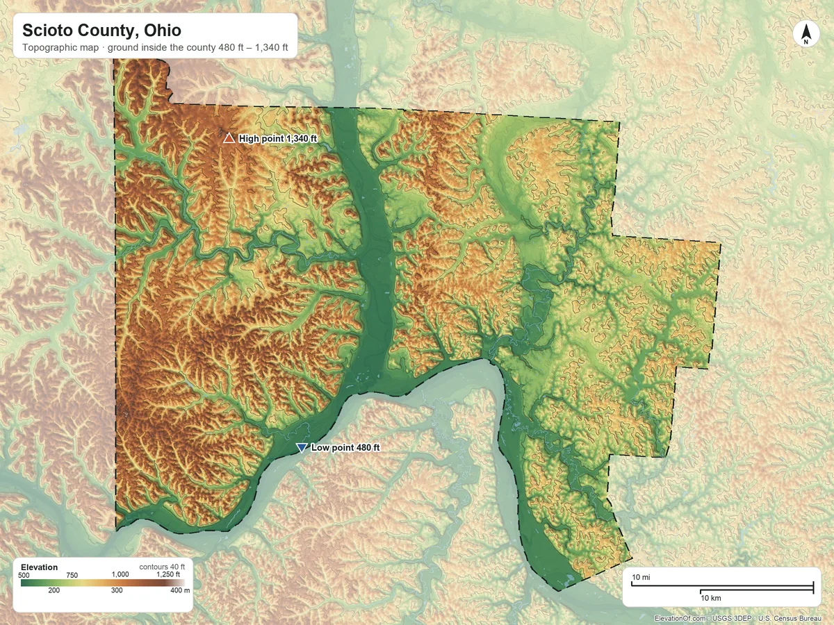 Topographic elevation map of Scioto County, Ohio, shaded from 480 ft on the southwest side to 1,340 ft on the northwest side