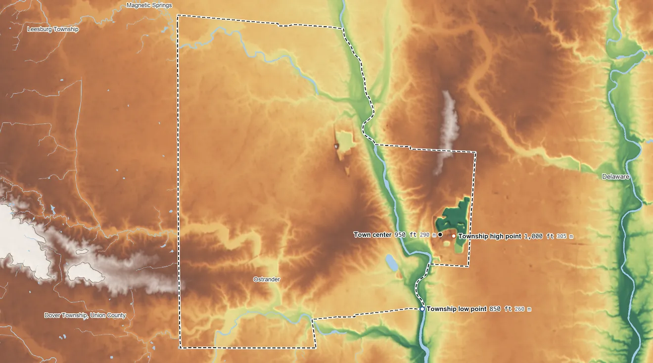 Topographic elevation map of Scioto Township, Delaware County, Ohio, shaded from 850 ft on the south side to 1,000 ft near the middle